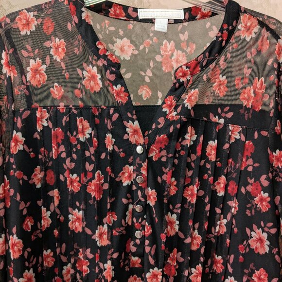 3/$15** Black and Red Floral Print Lined Mesh Blouse - Picture 2 of 10